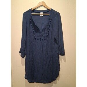 Merona Wmns Sz L Coverup Navy‎ Tunic V-Neck 3/4 Slv Tassel Casual Flowy Renfaire